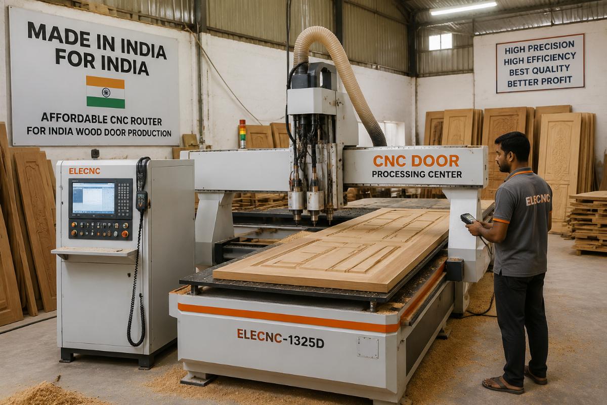 Affordable CNC router for India wood door production CNC door processing center operating in an Indian wood door factory