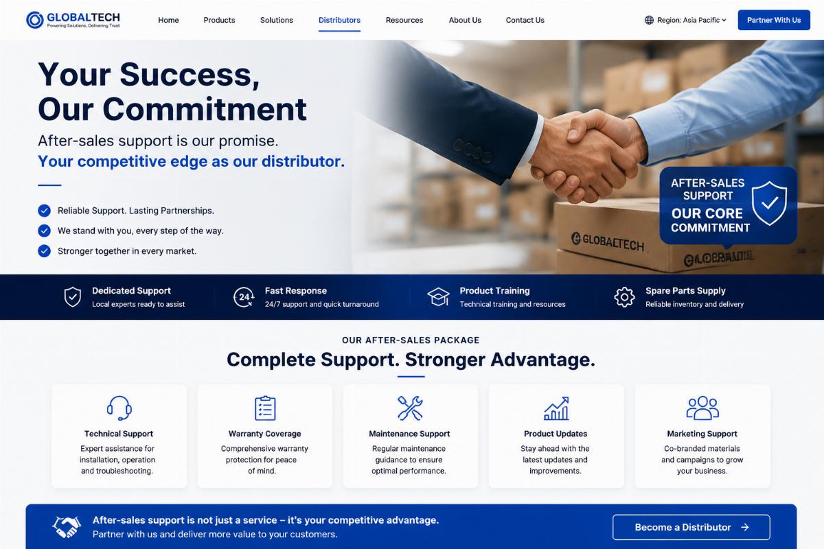 After-sales support as a core distributor competitive advantage Distributor after-sales package displayed as a core selling point on a regional company website