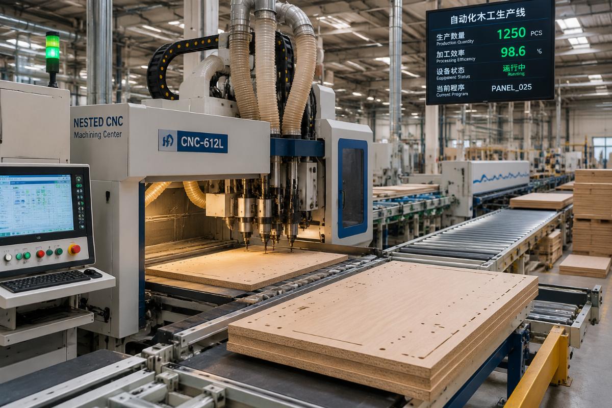 automated wood processing line production efficiency Nested CNC machining center in operation at a panel furniture factory