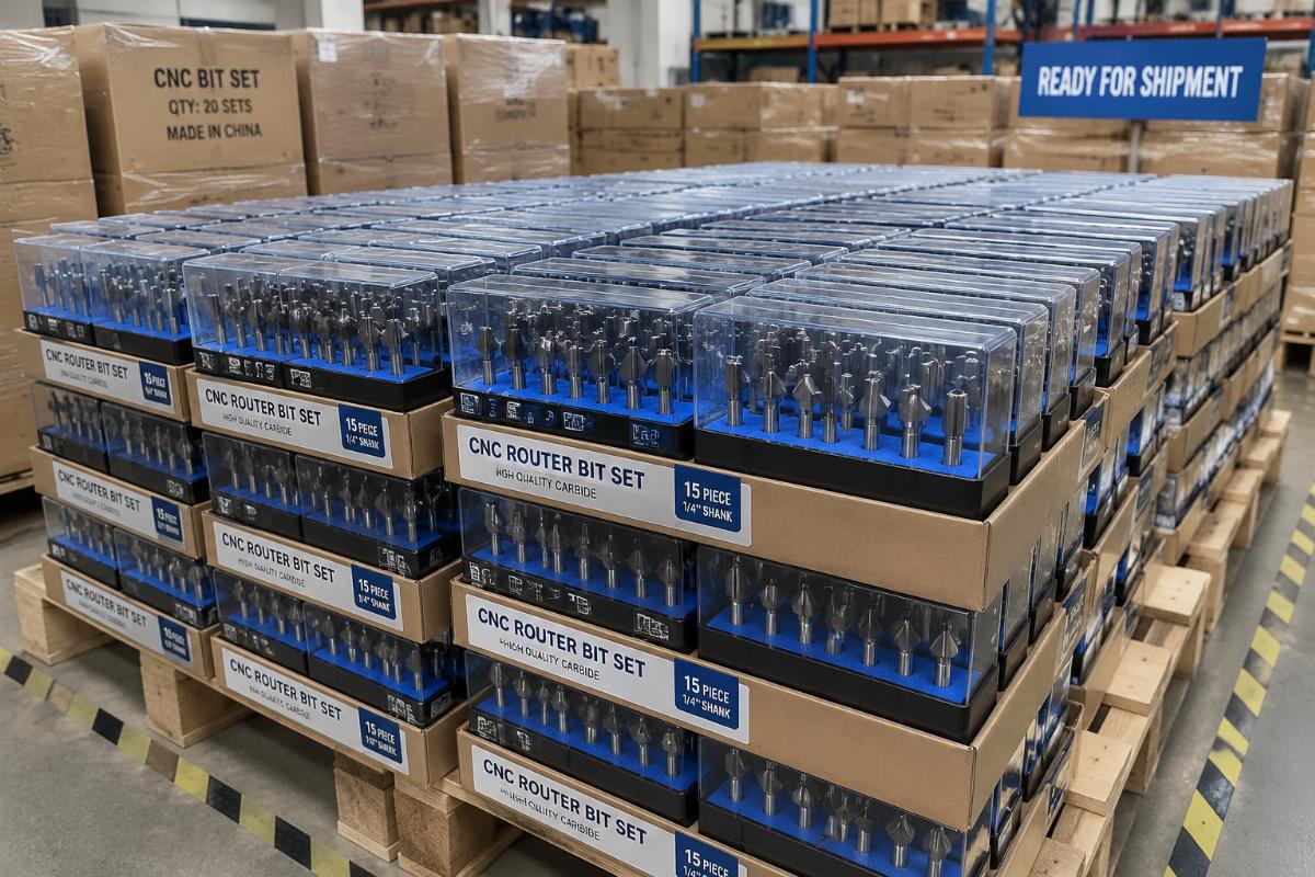 Bulk stacked CNC router bit sets in a factory warehouse ready for shipment