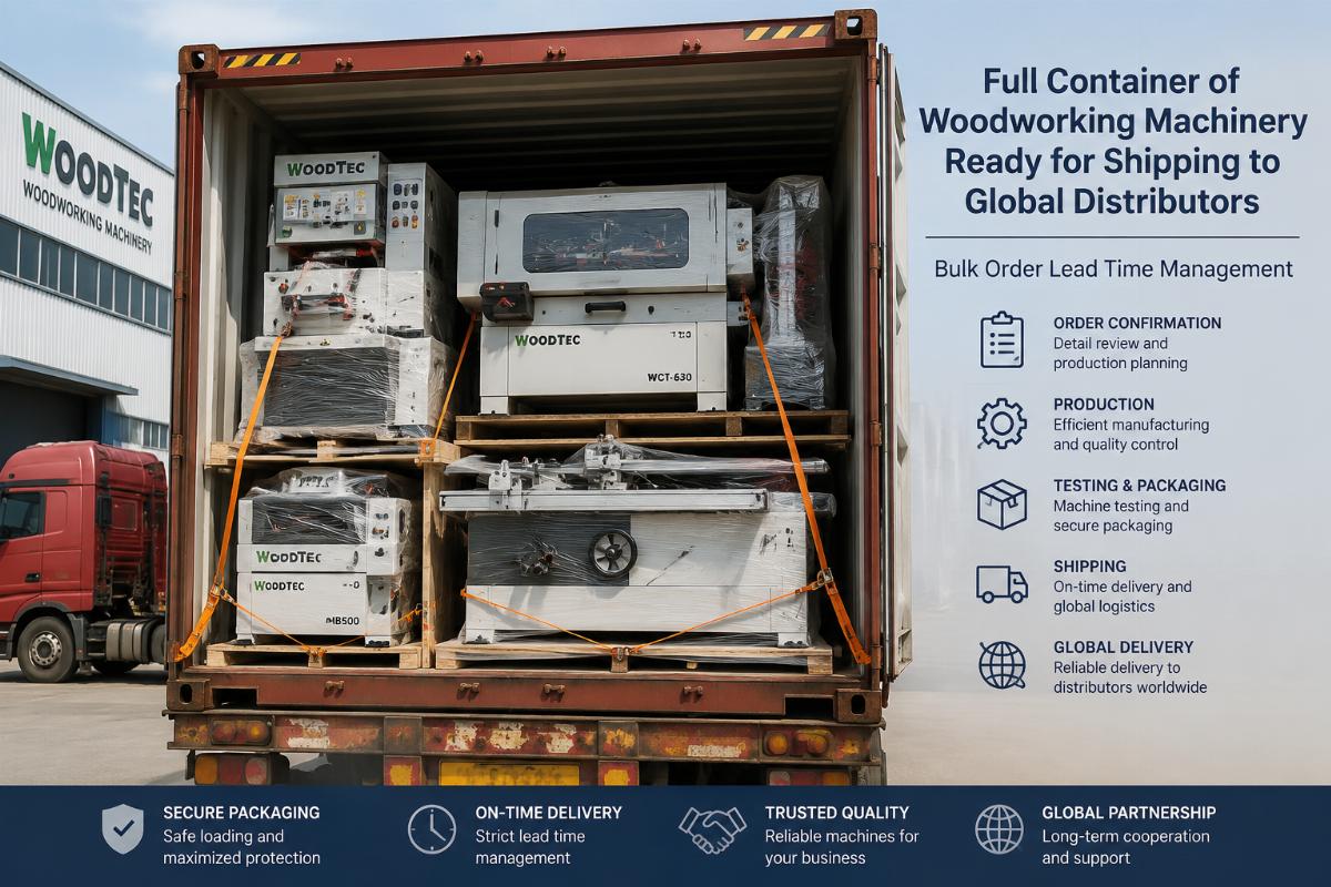 bulk woodworking machinery order lead time management Full container of woodworking machinery ready for shipping to global distributors