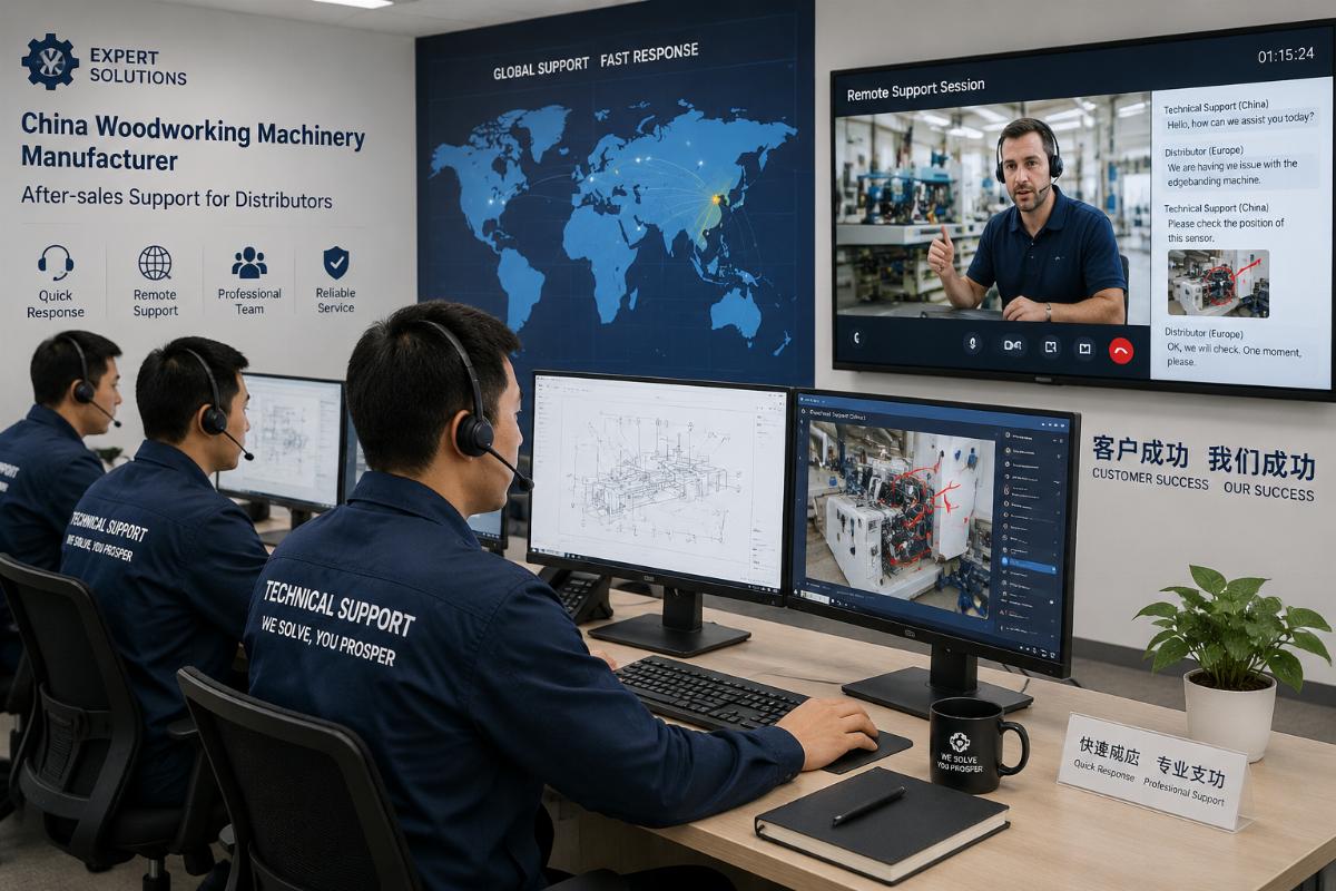China woodworking machinery manufacturer after-sales support for distributors Manufacturer technical support team resolving a remote troubleshooting request for a regional distributor
