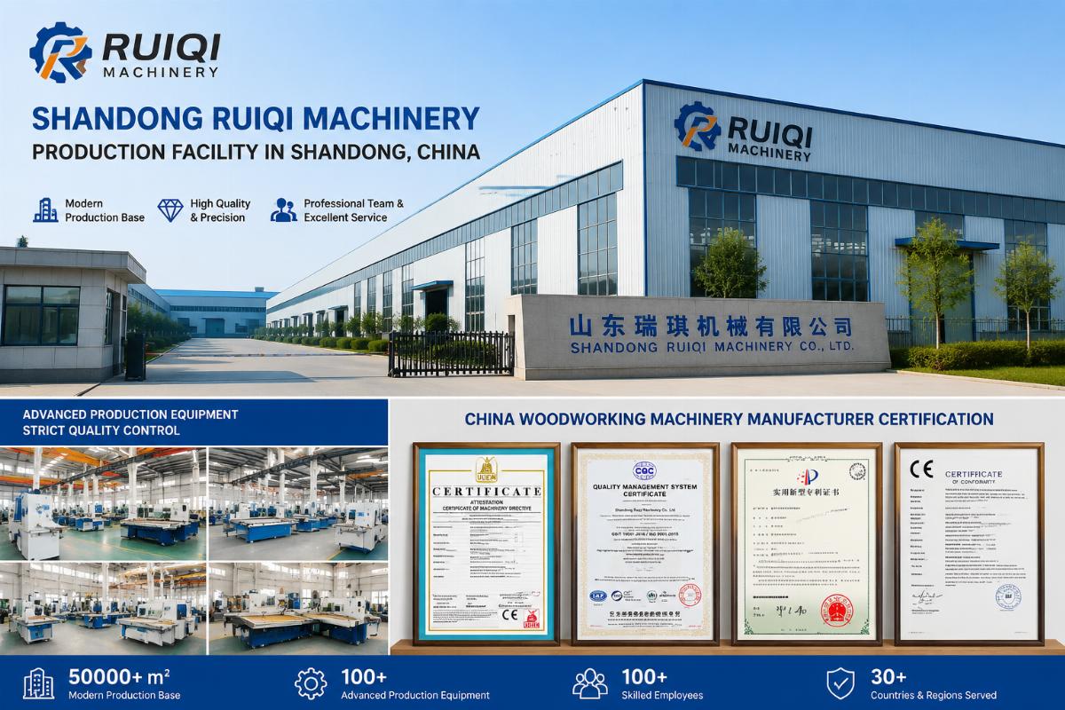 China woodworking machinery manufacturer certification Shandong Ruiqi Machinery production facility in Shandong, China