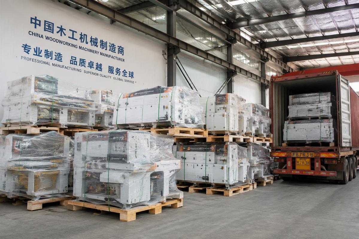 China woodworking manufacturer bulk production facility Bundled woodworking machinery stacked for container loading