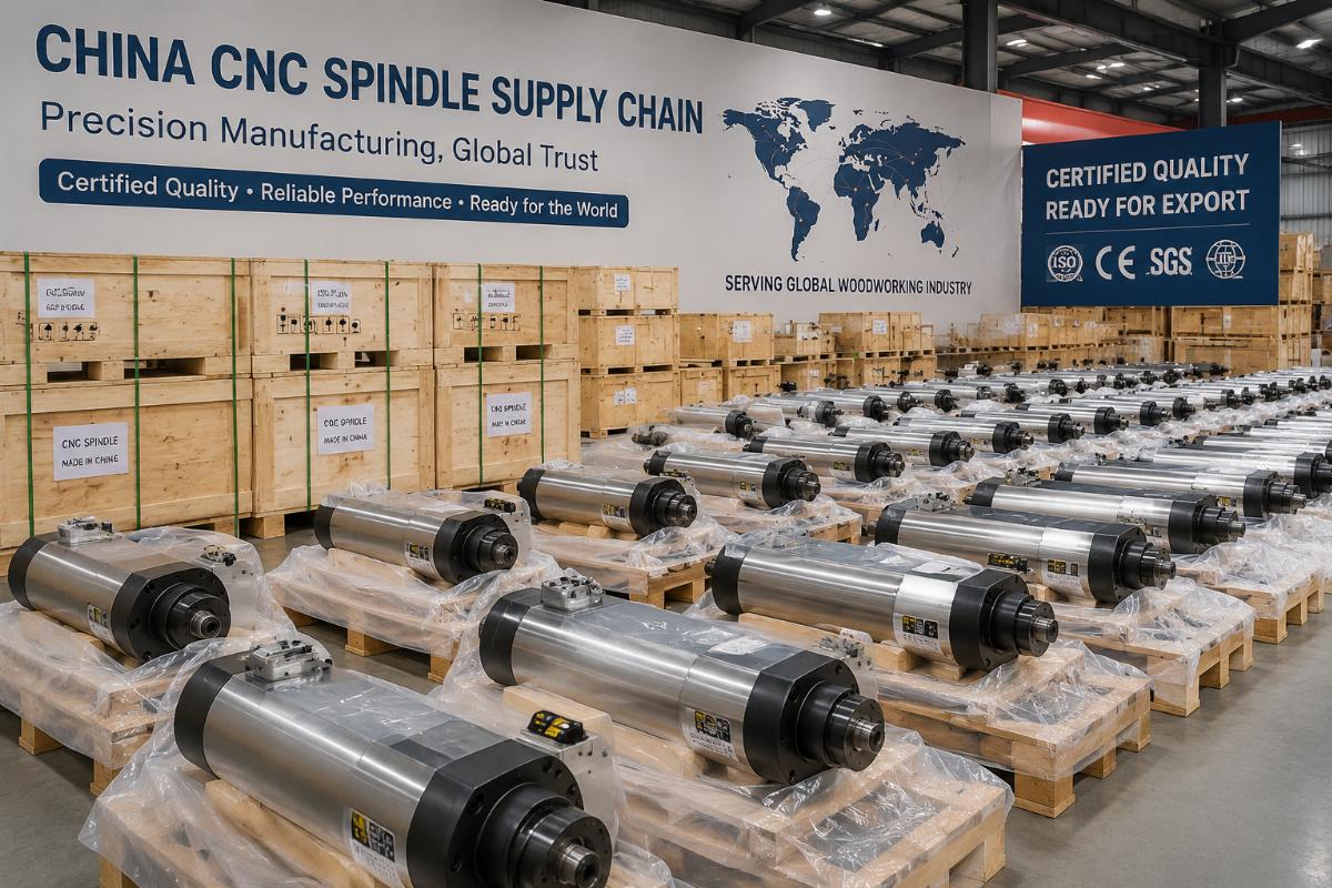 Chinese CNC spindle supply chain A warehouse of certified Chinese CNC spindles ready for export to global woodworking buyers