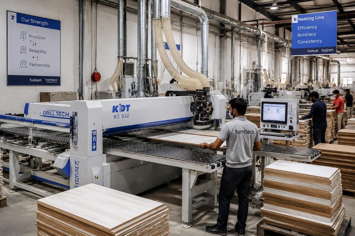 Chinese woodworking machinery for panel furniture production Chinese nested CNC production line operating in an Indian furniture factory