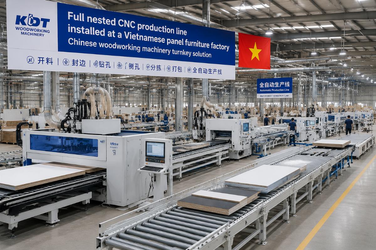 Chinese woodworking machinery turnkey solution Full nested CNC production line installed at a Vietnamese panel furniture factory