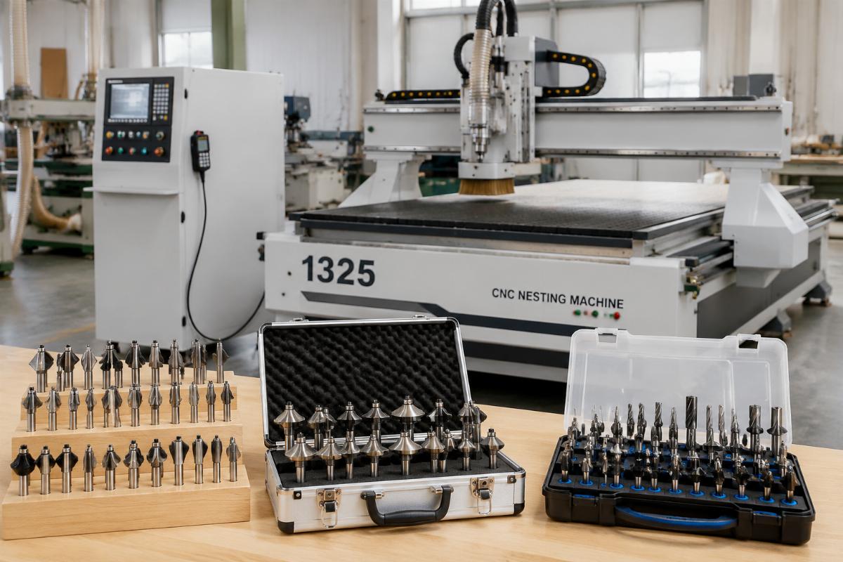Matched CNC router bit sets laid out alongside a 1325 CNC nesting machine