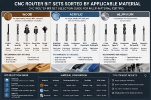 CNC router bit sets sorted by applicable material for wood, acrylic and aluminum processing