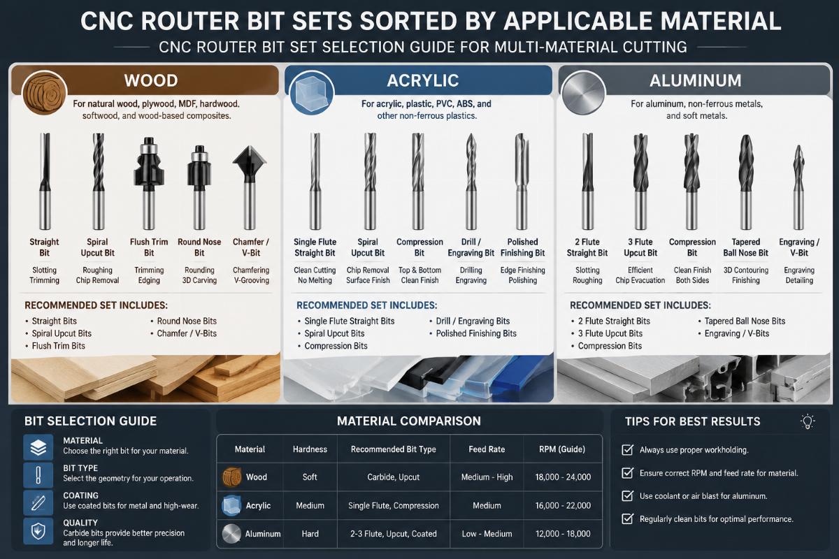 CNC router bit sets sorted by applicable material for wood, acrylic and aluminum processing