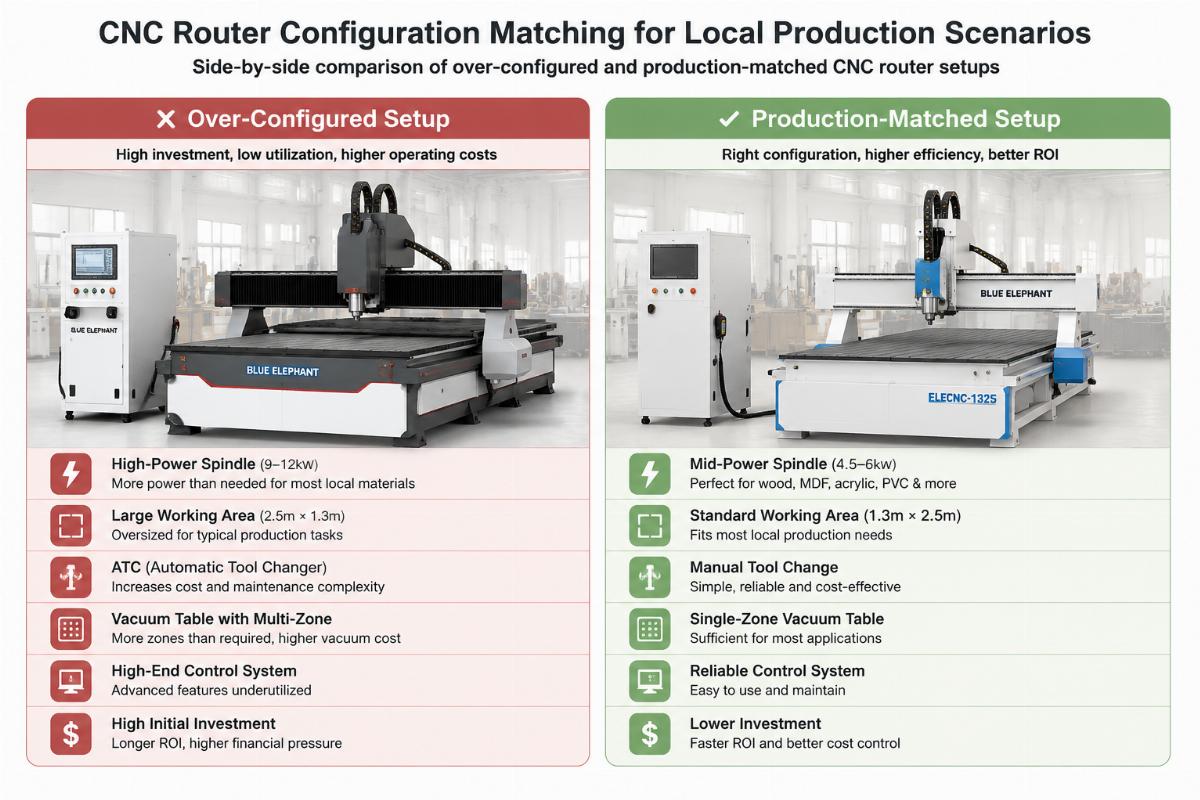 CNC router configuration matching for local production scenarios Side-by-side comparison of over-configured and production-matched CNC router setups
