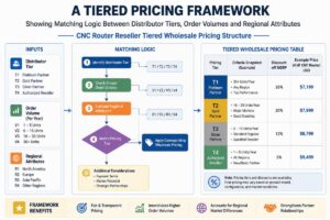 A tiered pricing framework flow chart showing matching logic between distributor tiers, order volumes and regional attributes