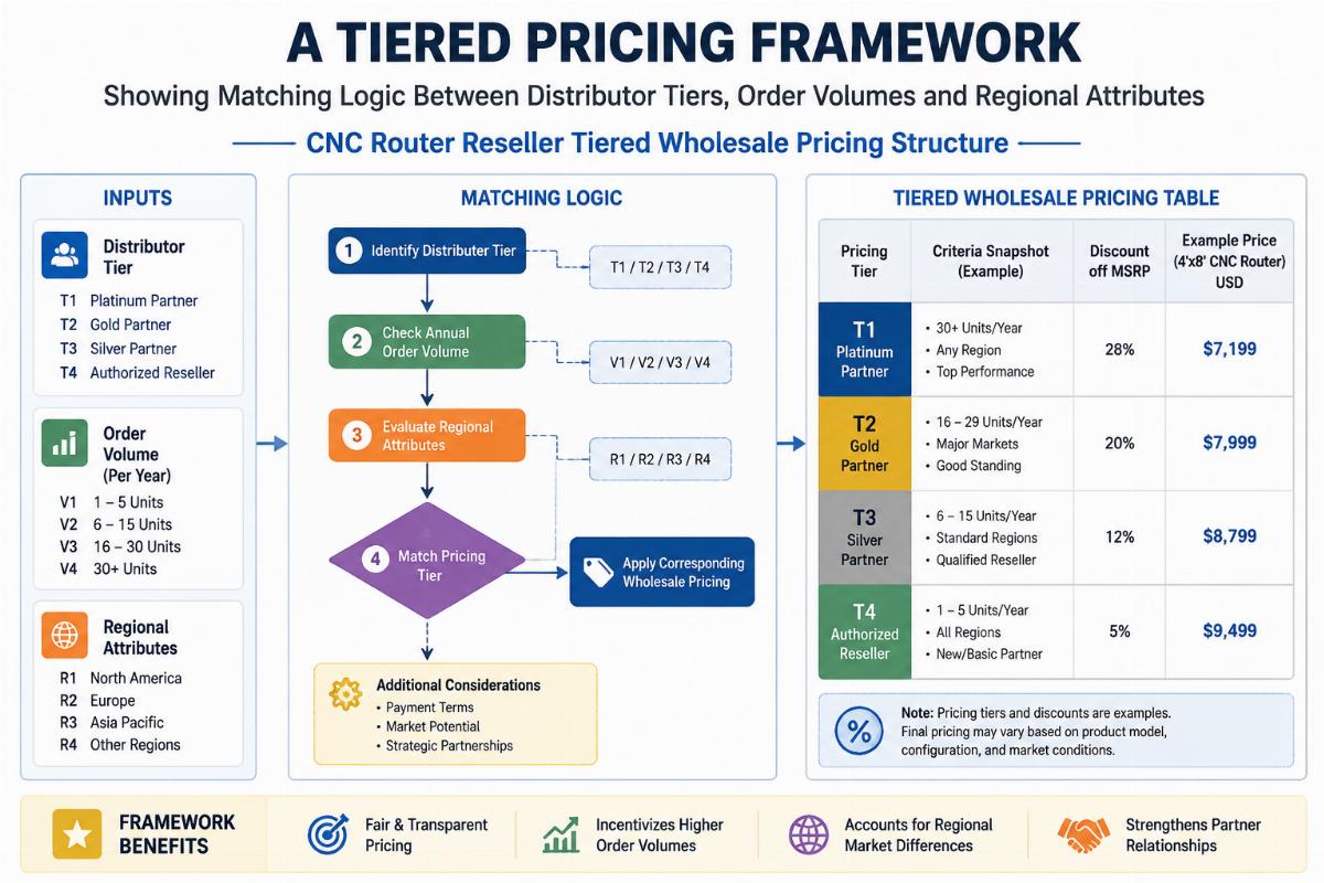 CNC router reseller tiered wholesale pricing structure A tiered pricing framework flow chart showing matching logic between distributor tiers, order volumes and regional attributes