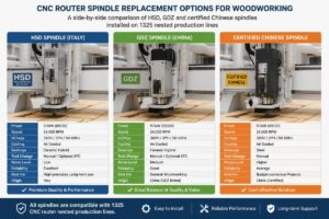A side-by-side comparison of HSD, GDZ and certified Chinese CNC router spindles installed on 1325 nested production lines