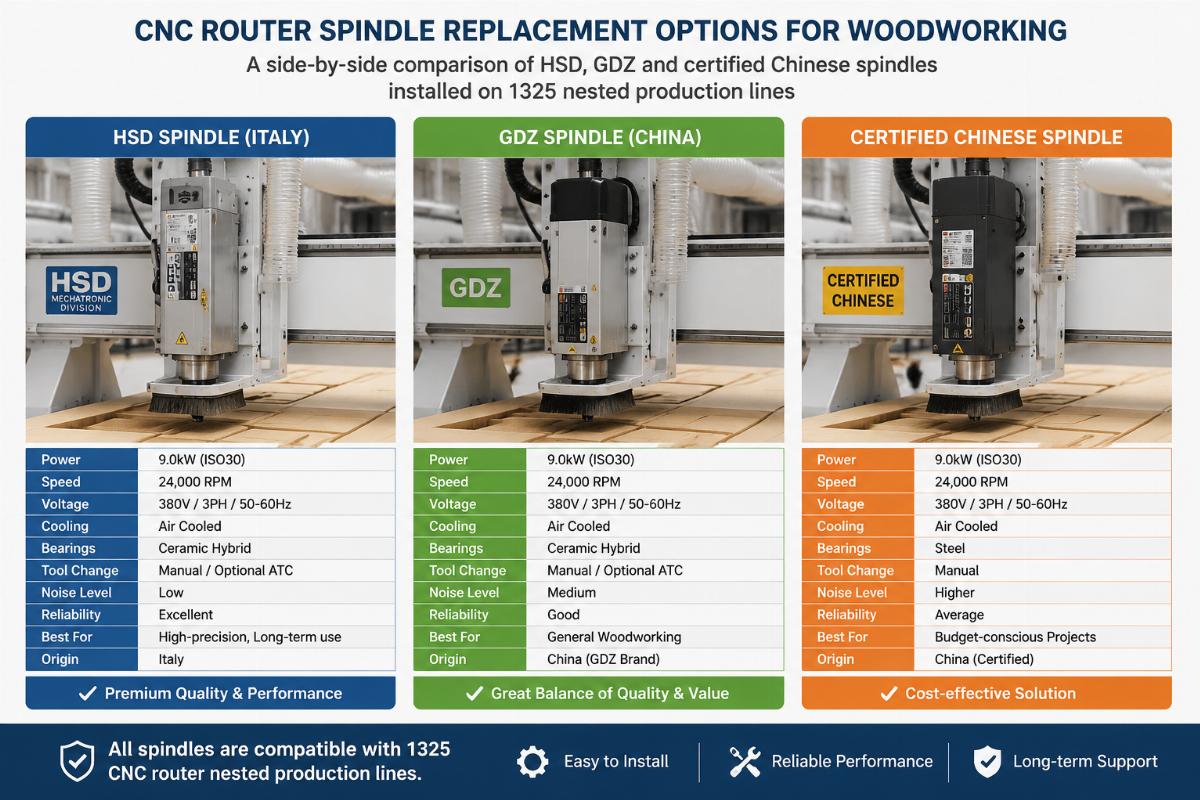 CNC router spindle replacement options for woodworking A side-by-side comparison of HSD, GDZ and certified Chinese CNC router spindles installed on 1325 nested production lines