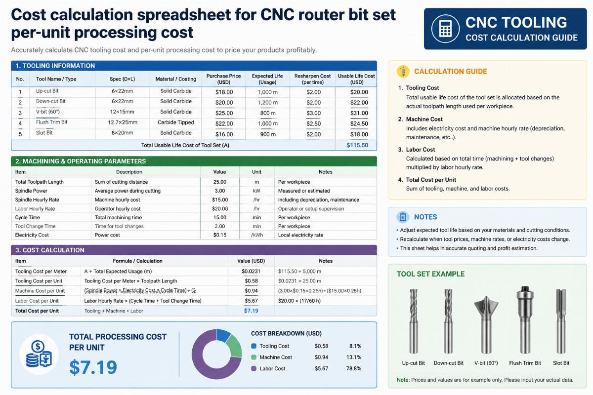 Cost calculation spreadsheet for CNC router bit set per-unit processing cost