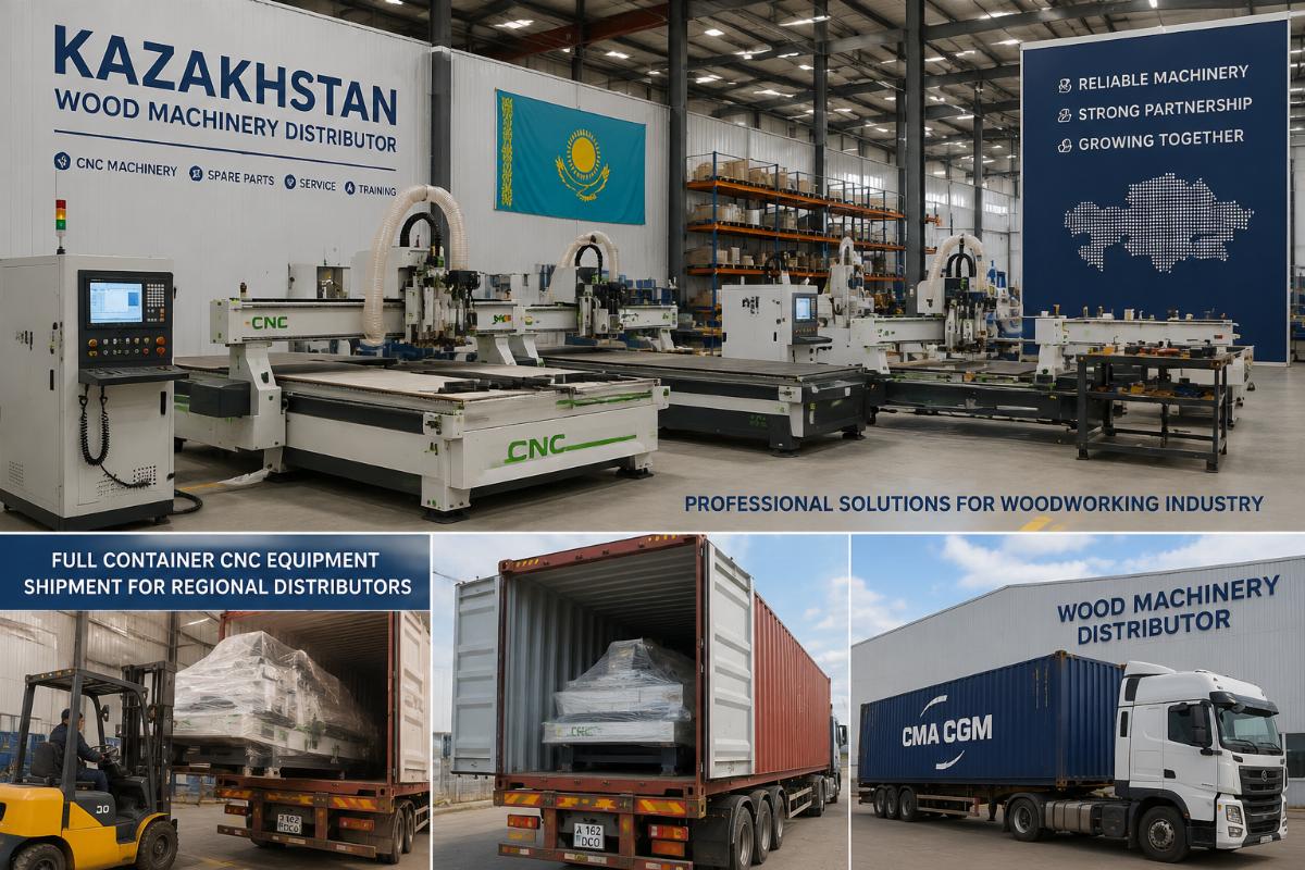 full container CNC equipment shipment for regional distributors Kazakhstan wood machinery distributor warehouse with CNC equipment