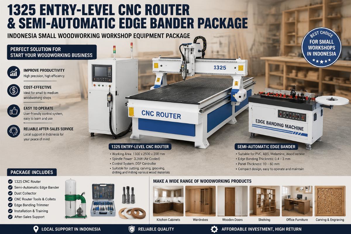 Indonesia small woodworking workshop equipment package 1325 entry-level CNC router and semi-automatic edge bander package
