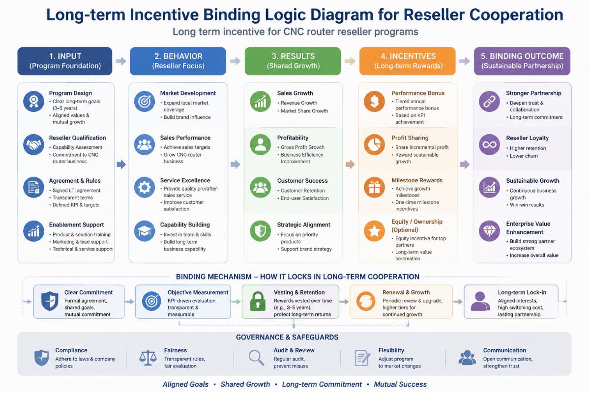 Long term incentive for CNC router reseller programs Long-term incentive binding logic diagram for reseller cooperation