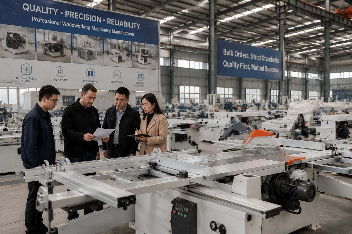 Multi-machine bulk buy inspection for woodworking machinery Distributor team inspecting bulk woodworking machinery orders at factory site