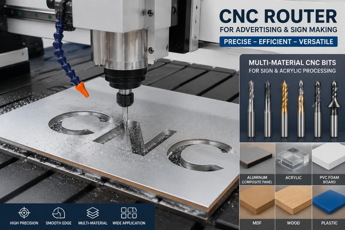 CNC bits cutting aluminum composite panel on a small format advertising CNC router