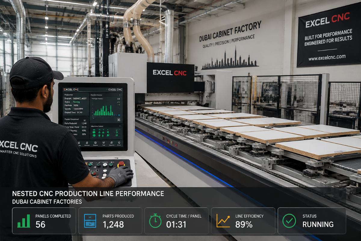Nested CNC production line performance for Dubai cabinet factories Operator testing a nested CNC production line at a Dubai cabinet factory post-deployment