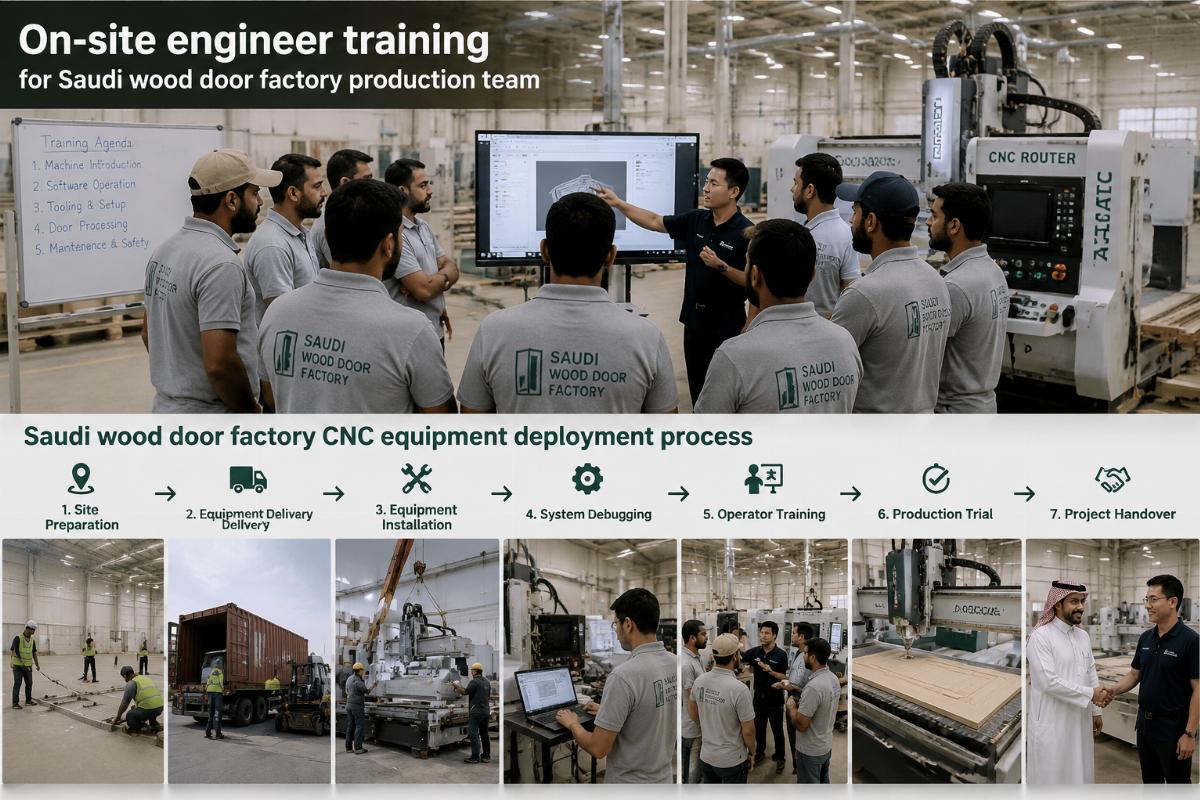 Saudi wood door factory CNC equipment deployment process On-site engineer training for Saudi wood door factory production team