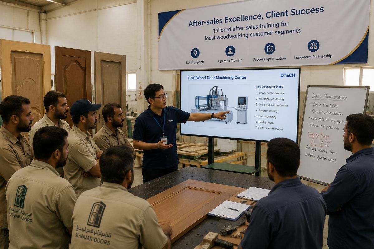 Tailored after-sales training for local woodworking customer segments After-sales team conducting operator training for a wood door manufacturing team in the Middle East