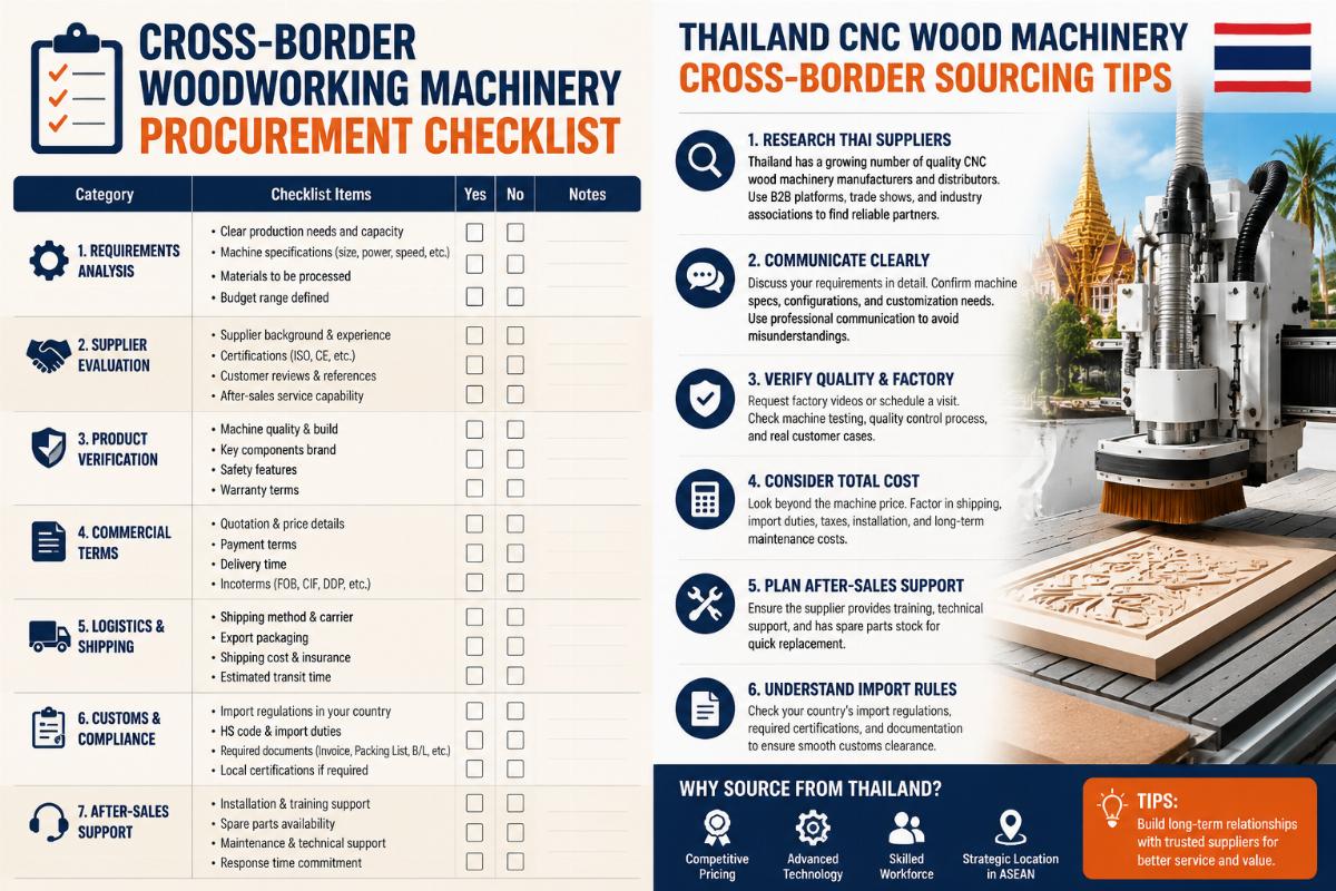 Thailand CNC wood machinery cross-border sourcing tips Cross-border woodworking machinery procurement checklist