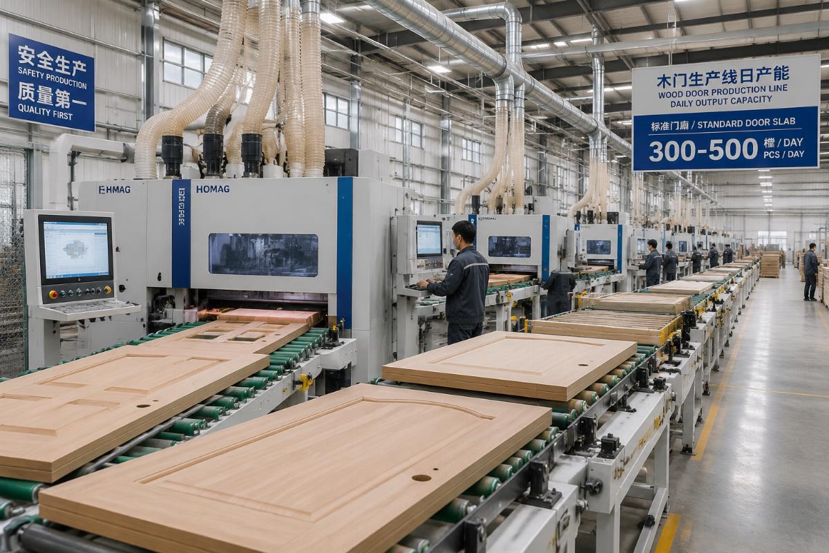 wood door processing equipment output capacity Custom wood door production line in operation at a manufacturing facility