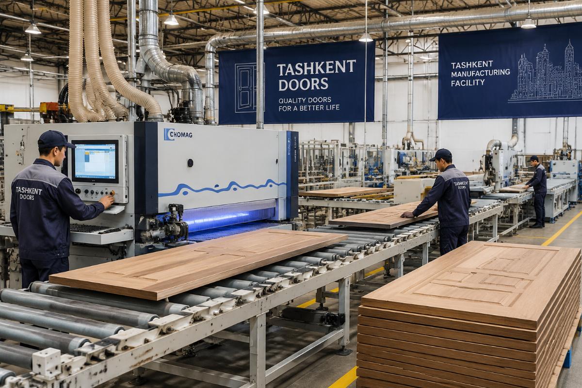 Wood door production line operation Wood door processing equipment operating at a Tashkent manufacturing facility